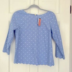 NWT VINEYARDS VINES Breaker Blue Clip Dot 3/4 Sleeve Scalloped Top - Size 2